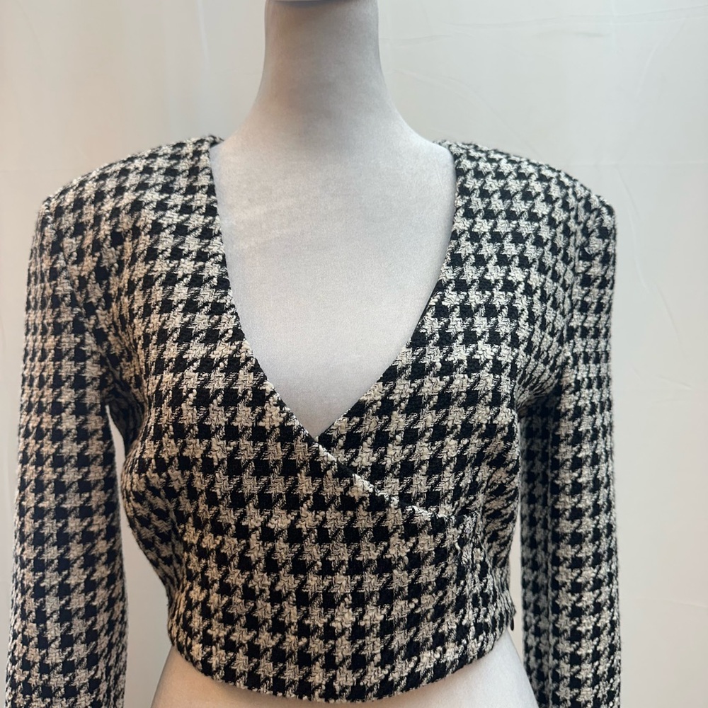 Zara Black & White Houndstooth Wrap Crop Top M - Picture 2 of 4